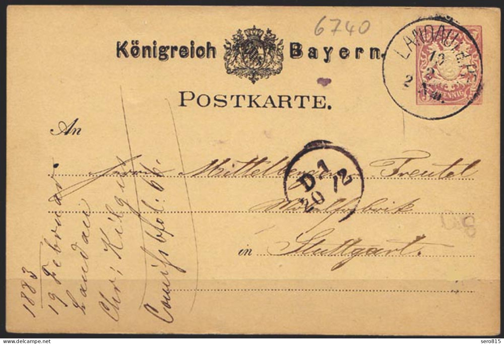 Bayern 1883 Ganzsache 5 Pfg. Landau Nach Stuttgart   (6916 - Postwaardestukken