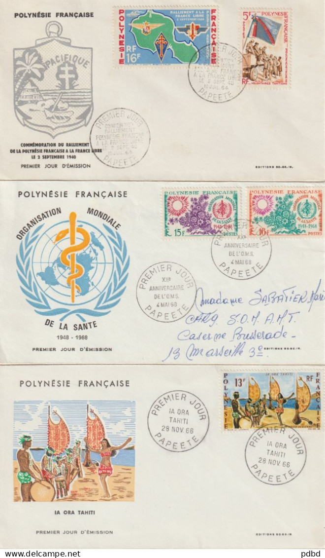 FT 33 . Polynésie Française . Papeete .Tahiti .1er Jour . Oblitération . 3 Enveloppes Illustrées . 1964, 1966 Et 1968 . - Brieven En Documenten