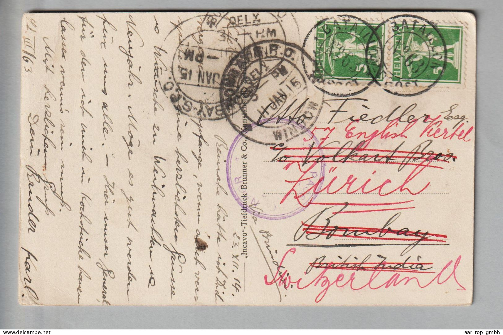 CH Tellknabe 1914-12-23 Postkarte Nach Bombay Nach Zürich Umgeleitet - Briefe U. Dokumente