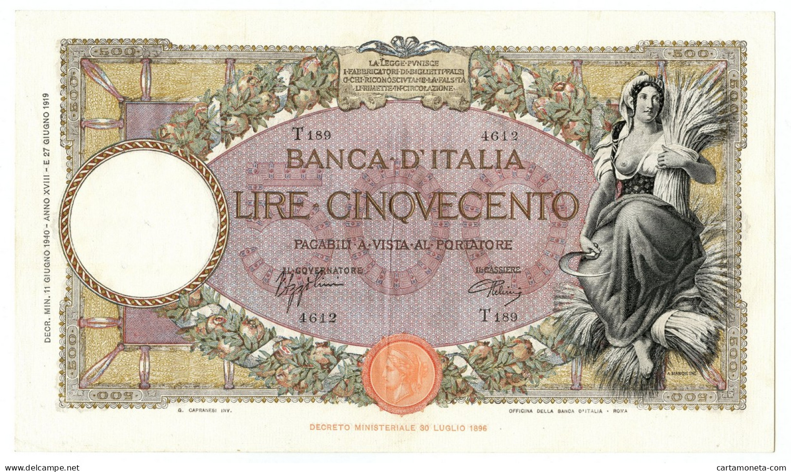 500 LIRE CAPRANESI MIETITRICE TESTINA FASCIO ROMA 11/06/1940 BB/SPL - Sonstige