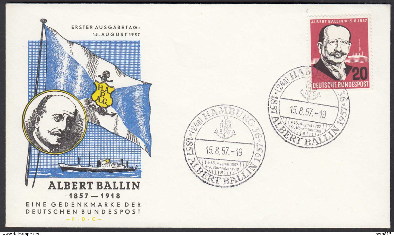 BRD Bund 1957 Mi. 266 FDC Albert Ballin Reeder   (23519 - Autres & Non Classés