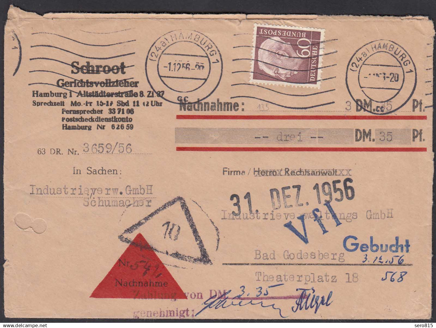 BRD BUND 1956 Mi.190 EF 60 Pfg. Heuss Bedarfs-Brief NN   (23542 - Sonstige & Ohne Zuordnung