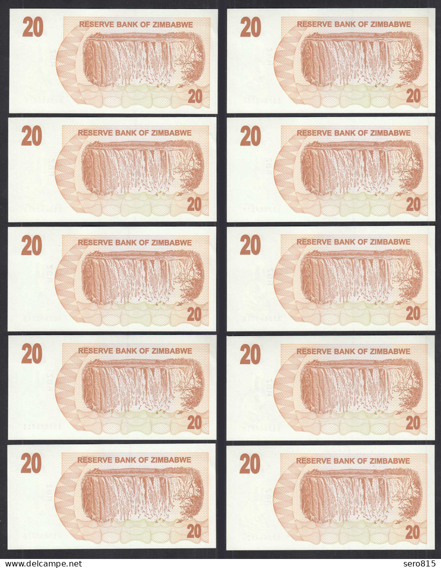 Simbabwe - Zimbabwe 10 Stück á 20 Dollars 2007 Pick 40 UNC (1)     (89209 - Sonstige – Afrika