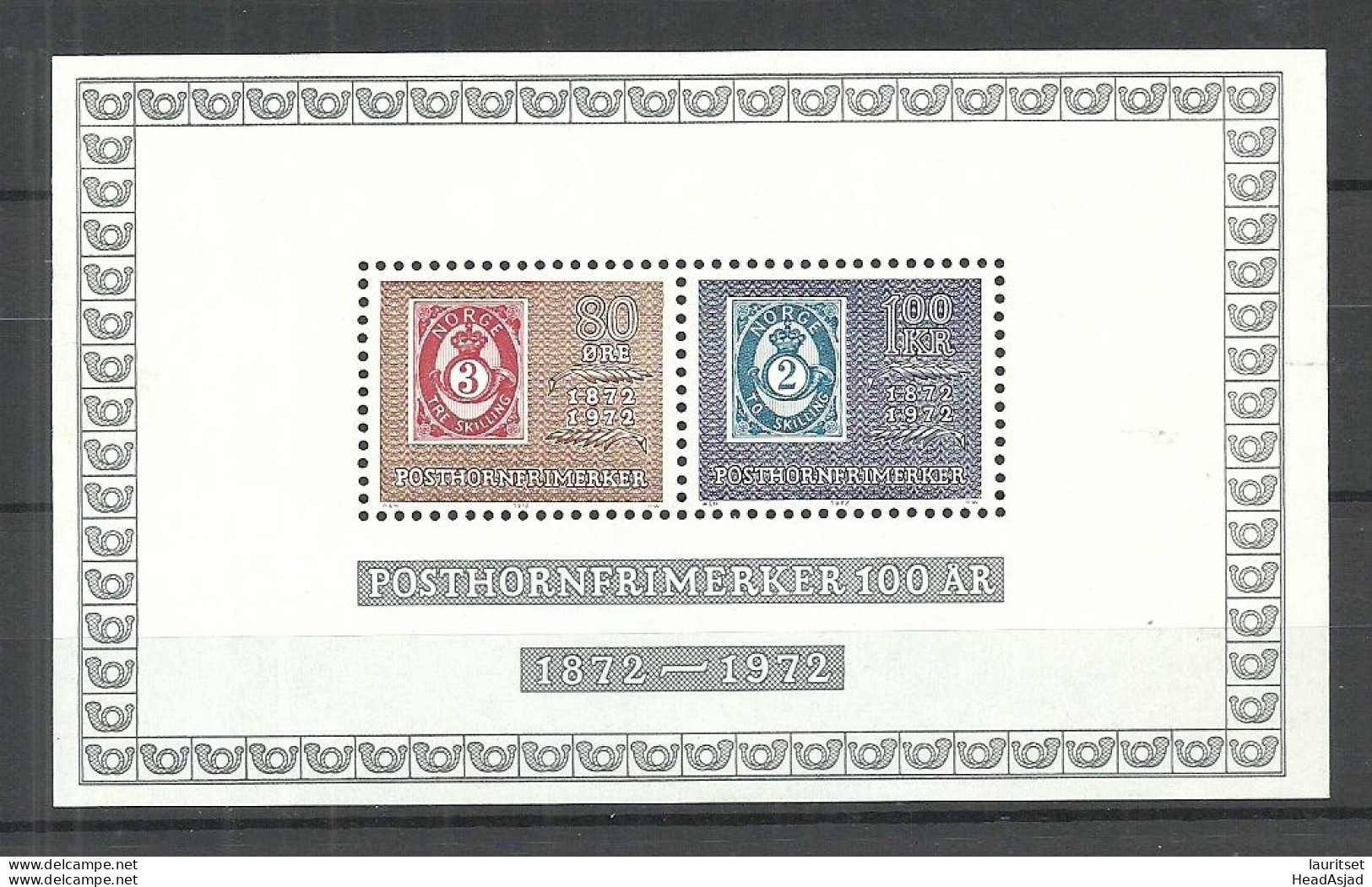 NORWAY 1972 S/S Michel Block 1 MNH Philately Posthorn-stamps 100th Anniversary - Stamps On Stamps