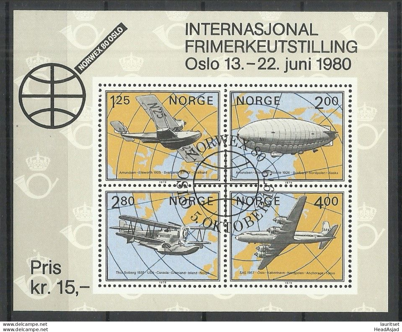 NORWAY 1980 S/S Michel Block 2 Mi 799 - 802 O Transport Air Planes Flugzeuge Zeppeline NORWEX Exhibition - Airplanes