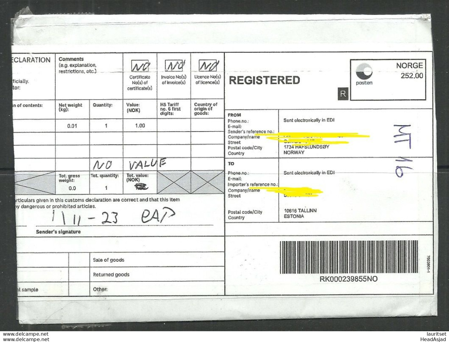 NORWAY 2023 Registered Cover To Estonia With Custom Declaration Form - Lettres & Documents