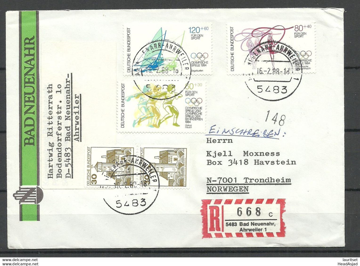 Germany Deutschland BRD 1988 R-Brief O BAD NEUENAHR-AHRWEILER Michel 1206 - 208 Etc. To Norway - Lettres & Documents