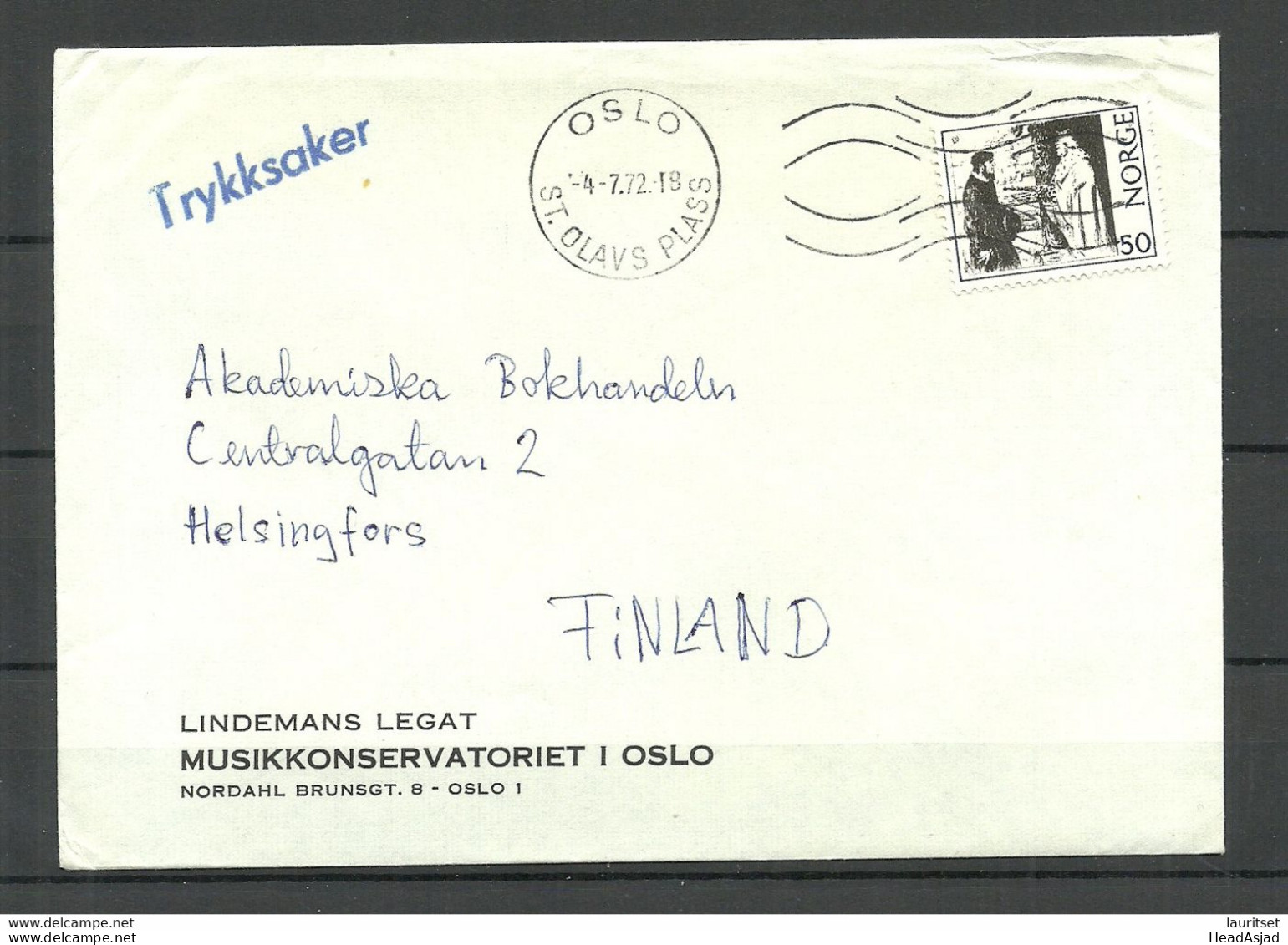 NORWAY Norwegen 1972 Commercial Cover Musikkonservatoriet To Finland Printed Matter Trykksaker O Oslo - Lettres & Documents