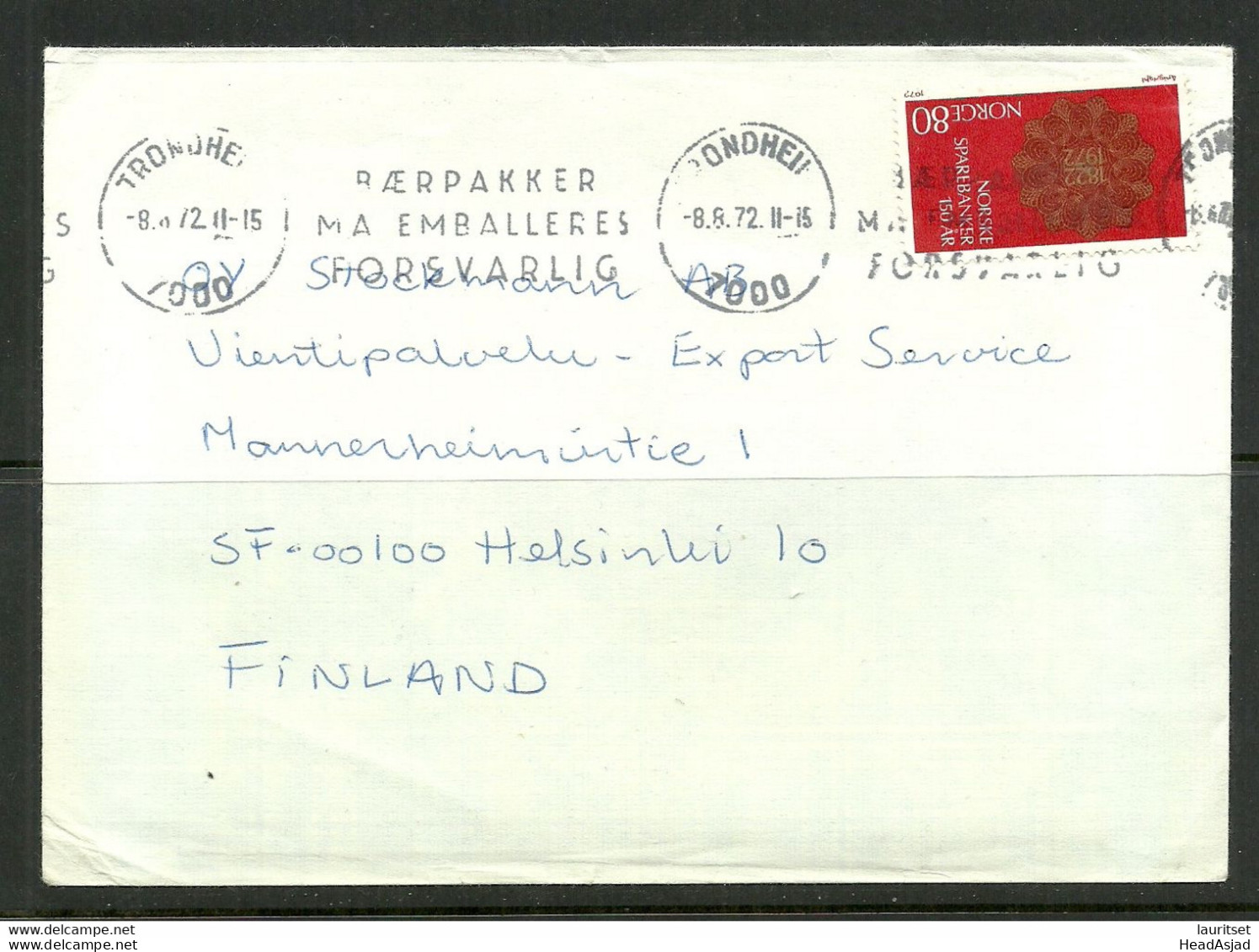 NORWAY Norwegen 1972 Commercial Cover To Finland O Trondheim & Advertising Meter Cancel - Lettres & Documents