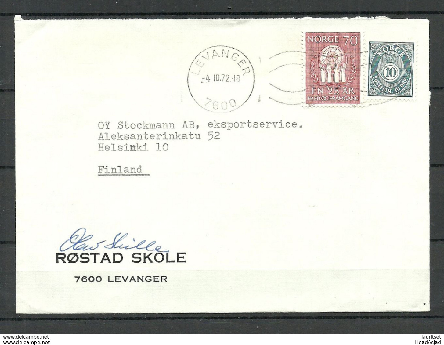 NORWAY Norwegen 1972 Commercial Cover Rostad Skole To Finland O Levanger - Covers & Documents