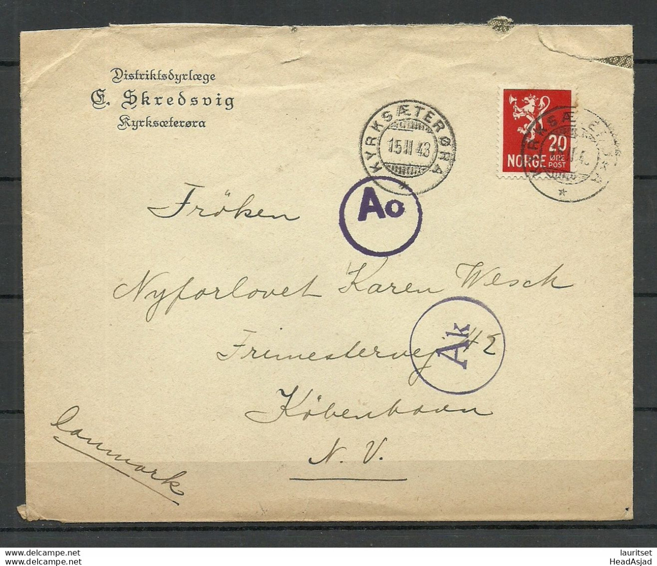 NORWAY Norwegen 1943 Censored Cover To Denmark - Covers & Documents