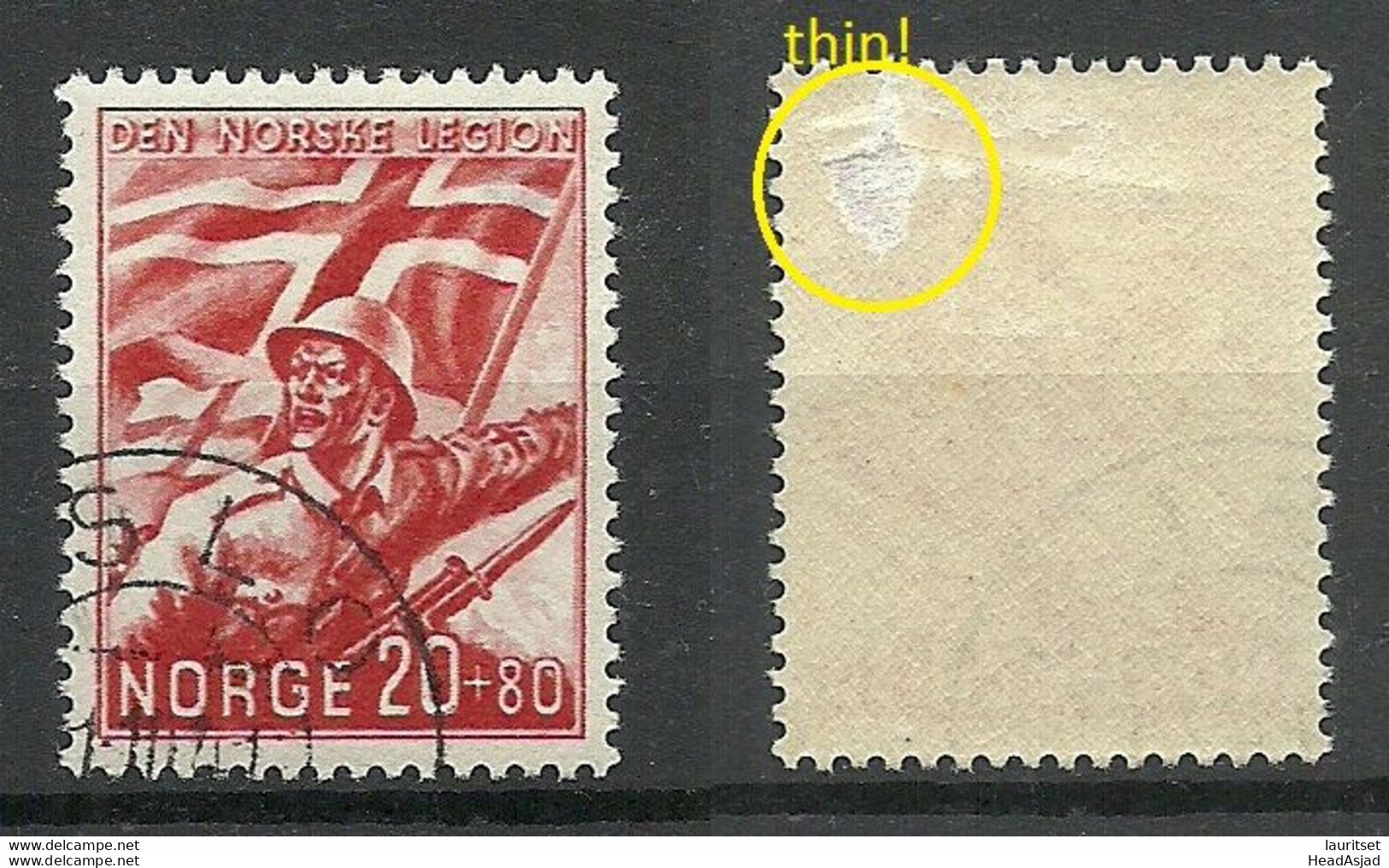 NORWAY 1941 Michel 236 O Norske Legion NB! Thin Spot/d√ºnne Stelle = Marked With Yellow On Scan! - Used Stamps