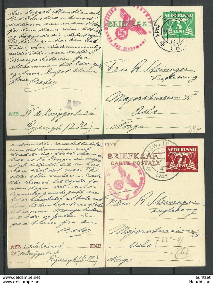 Nederland NETHERLANDS Niederlande O 1943/44 RIJSWIJK Briefkaart To Norway Oslo German Censor, 2 Pcs - Covers & Documents