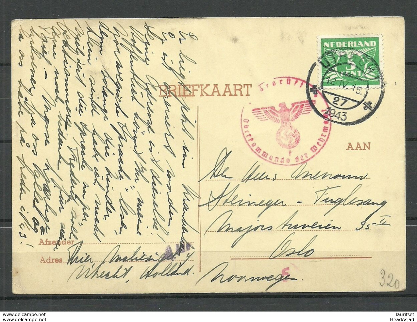 Nederland NETHERLANDS Niederlande O 1943 UTRECHT Briefkaart  To Norway Oslo German Censor - Cartas & Documentos