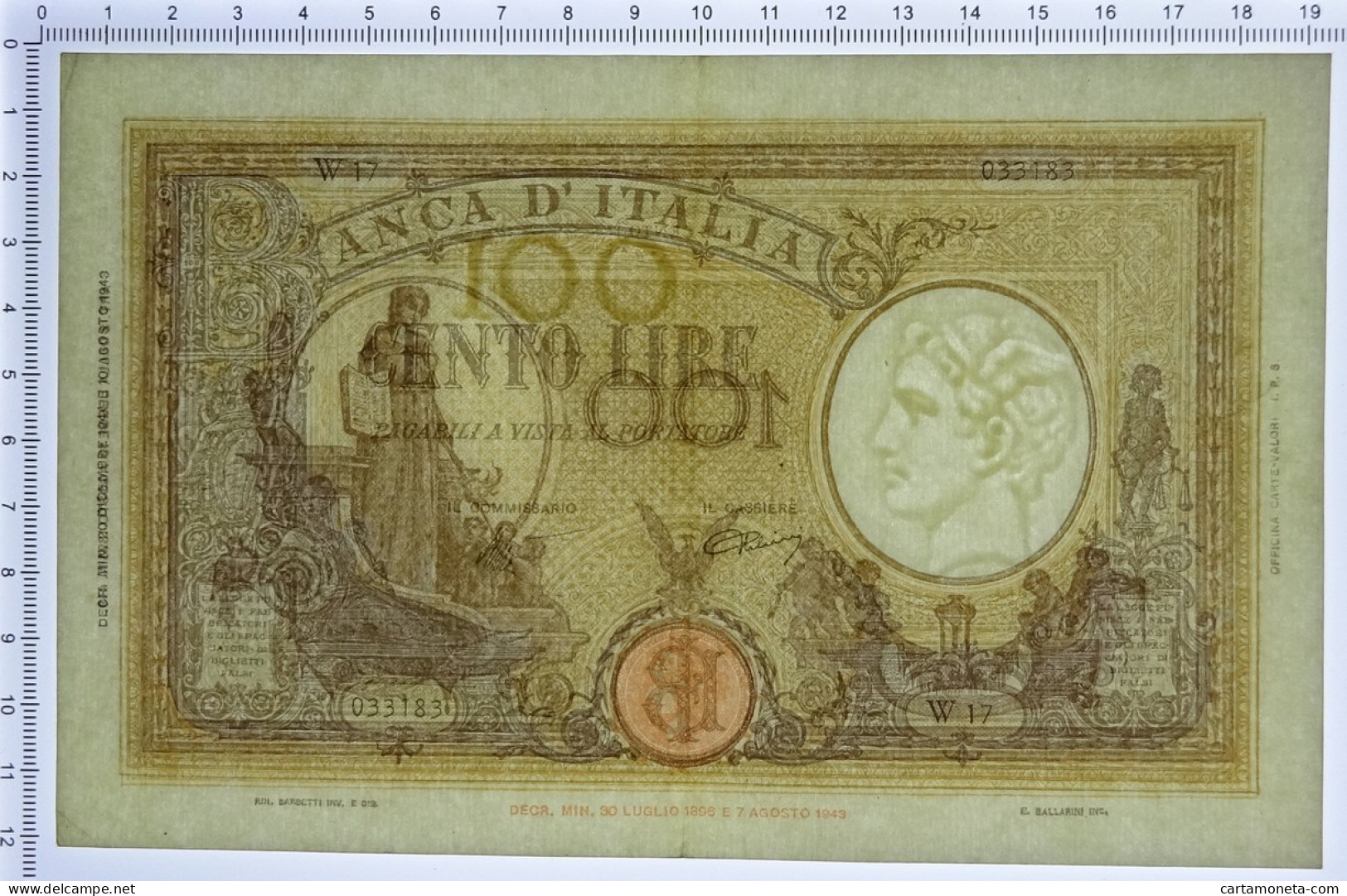 100 LIRE BARBETTI GRANDE B GIALLO TESTINA BI INTRONA 20/12/1944 SPL - Regno D'Italia – Autres