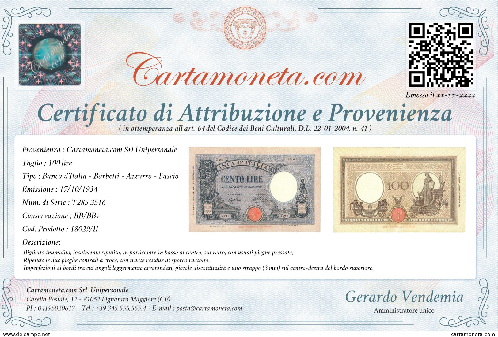 100 LIRE BARBETTI GRANDE B AZZURRO TESTINA FASCIO 17/10/1934 BB/BB+ - Regno D'Italia – Autres