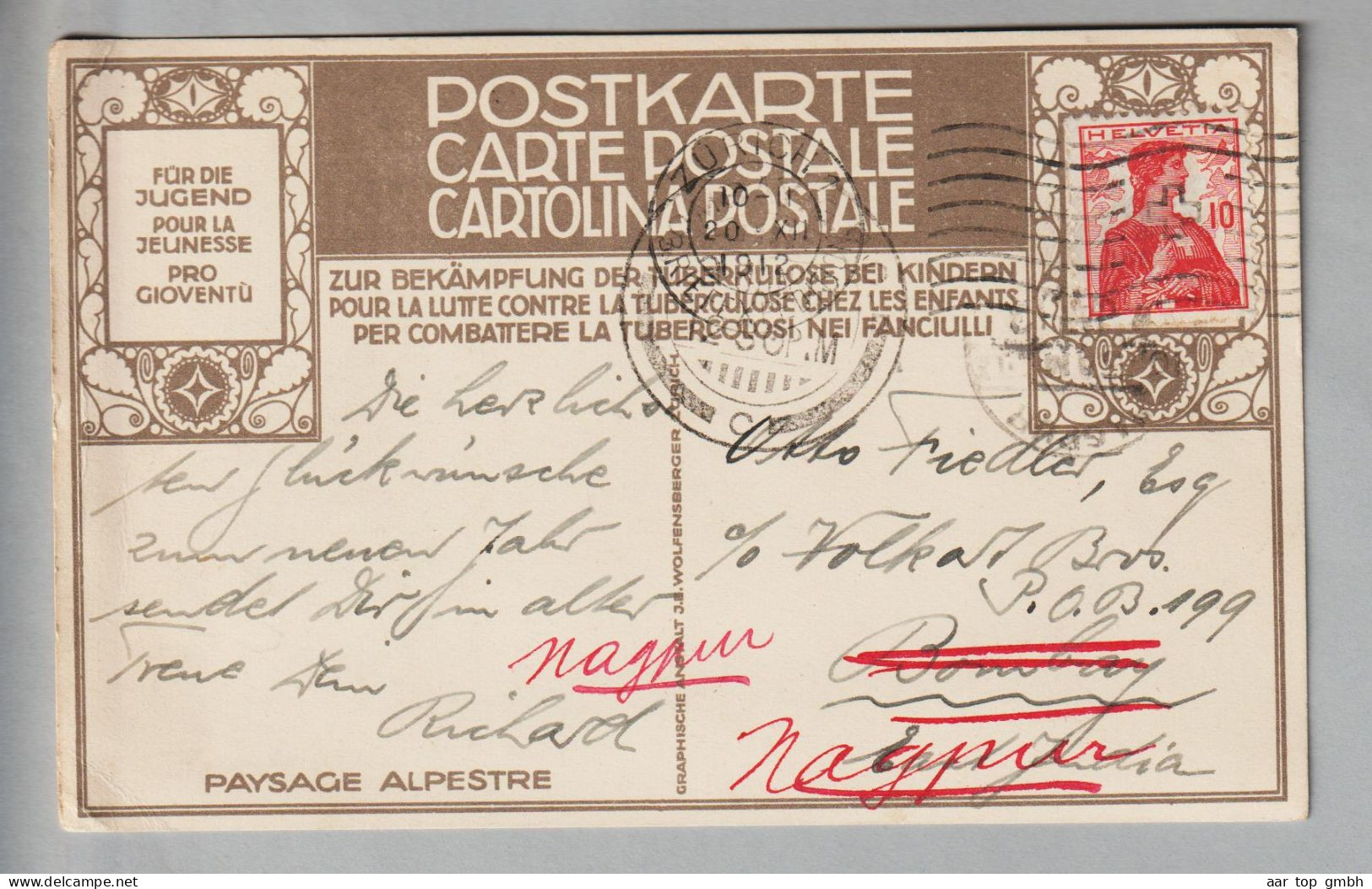 CH Helvetiabrust 1912-12-30 Zürich PJ Postkarte Nach Bombay Weitergeleitet Nach Nagpur - Covers & Documents