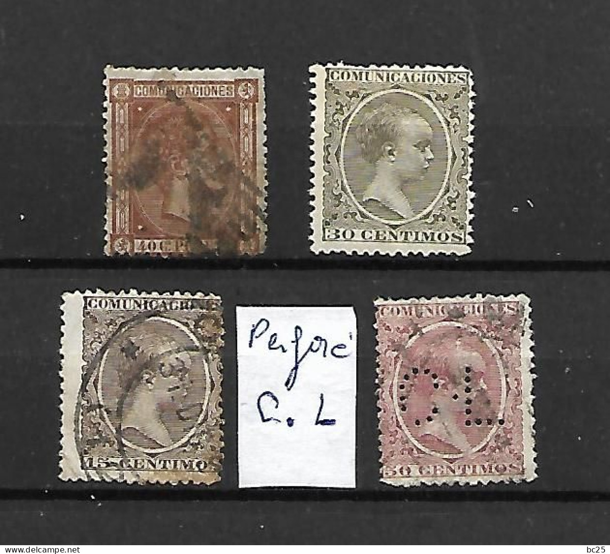 ESPAGNE -4 TRES BEAUX VIEUX TIMBRES OBLITERES-N°207 PERFORE -PAS-EMINCE-DE 1875-1880-SCAN DU VERSO AVEC UN BLEU - Unused Stamps