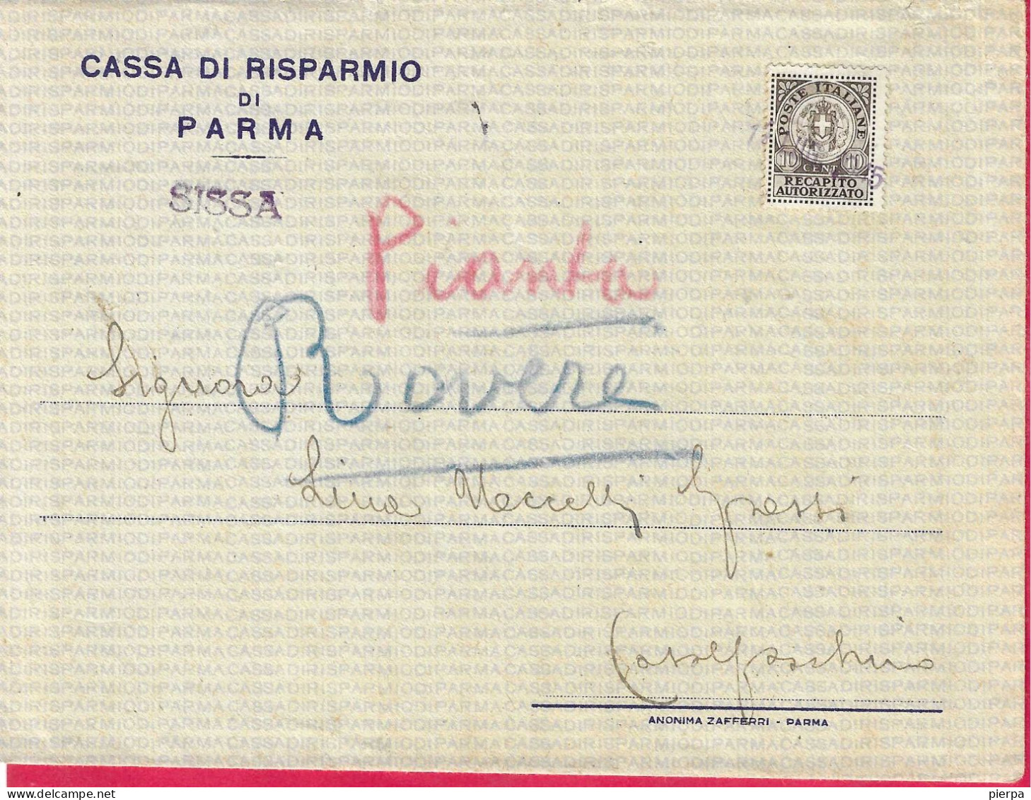 RECAPITO AUTORIZZATO C.10 STEMMA CON FASCI SU BUSTA GRANDE INTESTATA BANCA PARMA (SISSA) - DATA *11.LUG.1945* - Recapito Autorizzato