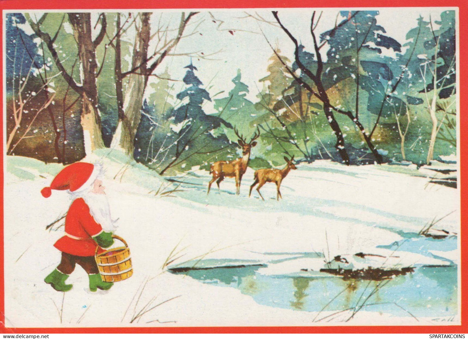 PAPÁ NOEL Feliz Año Navidad CIERVOS Vintage Tarjeta Postal CPSM #PBB150.ES - Kerstman