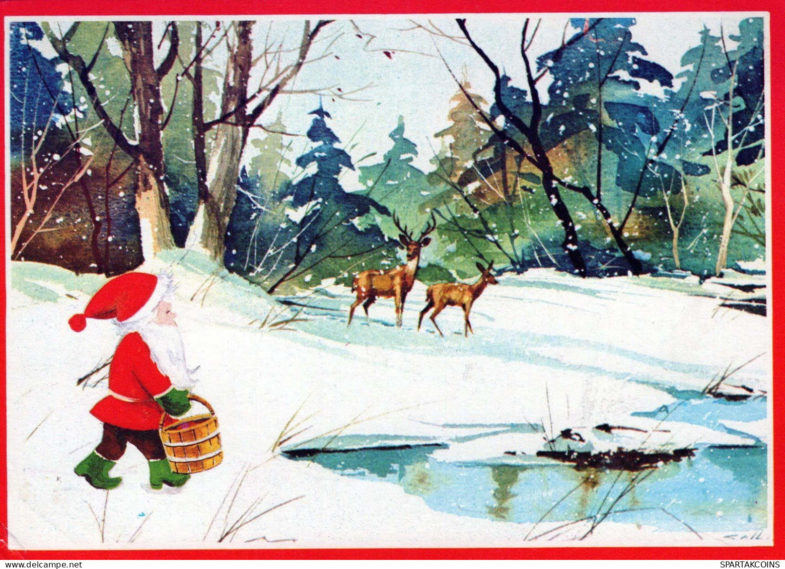 PAPÁ NOEL Feliz Año Navidad CIERVOS Vintage Tarjeta Postal CPSM #PBB150.ES - Santa Claus