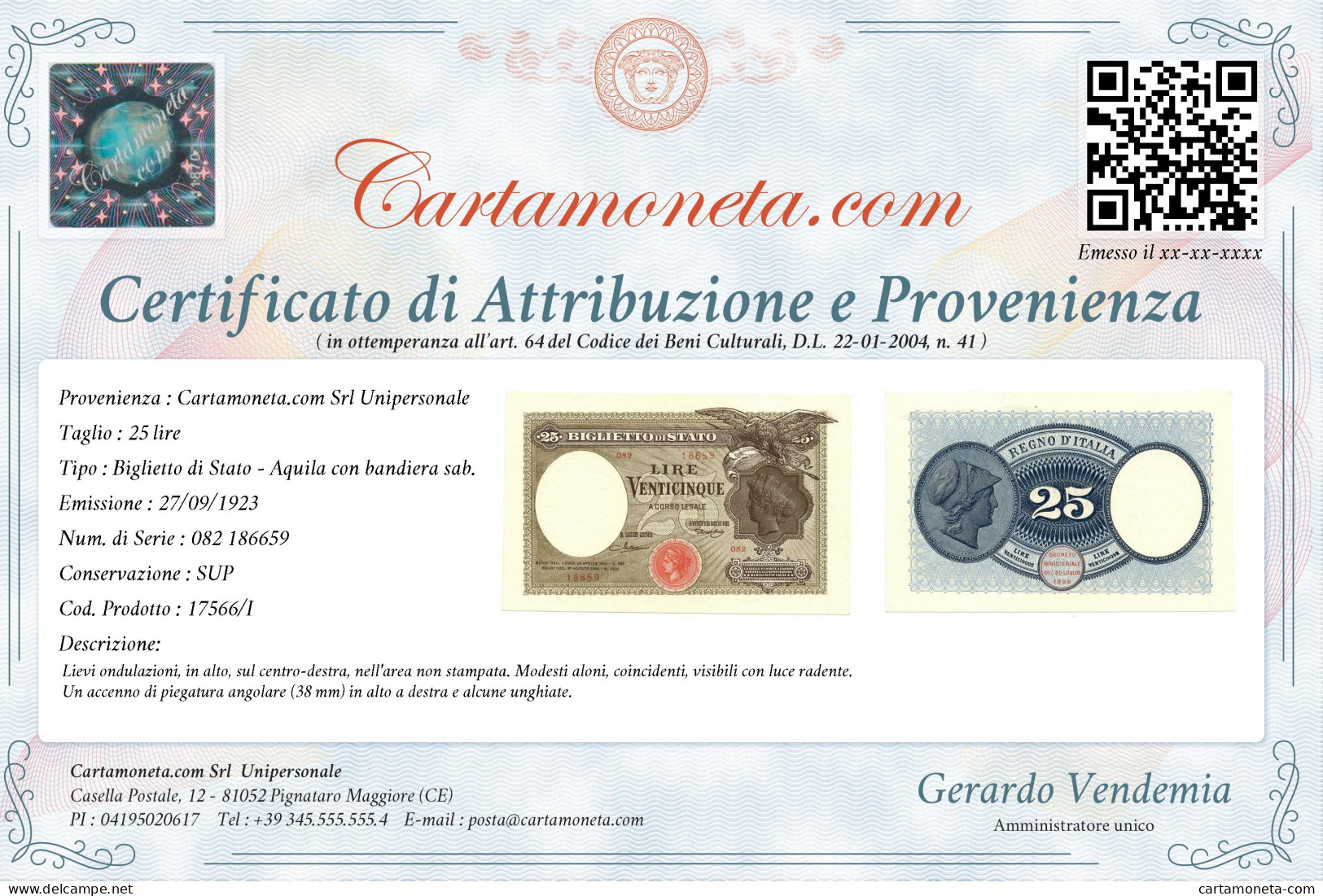 25 LIRE BIGLIETTO DI STATO AQUILA CON BANDIERA SABAUDA 27/09/1923 SUP - Regno D'Italia – Other