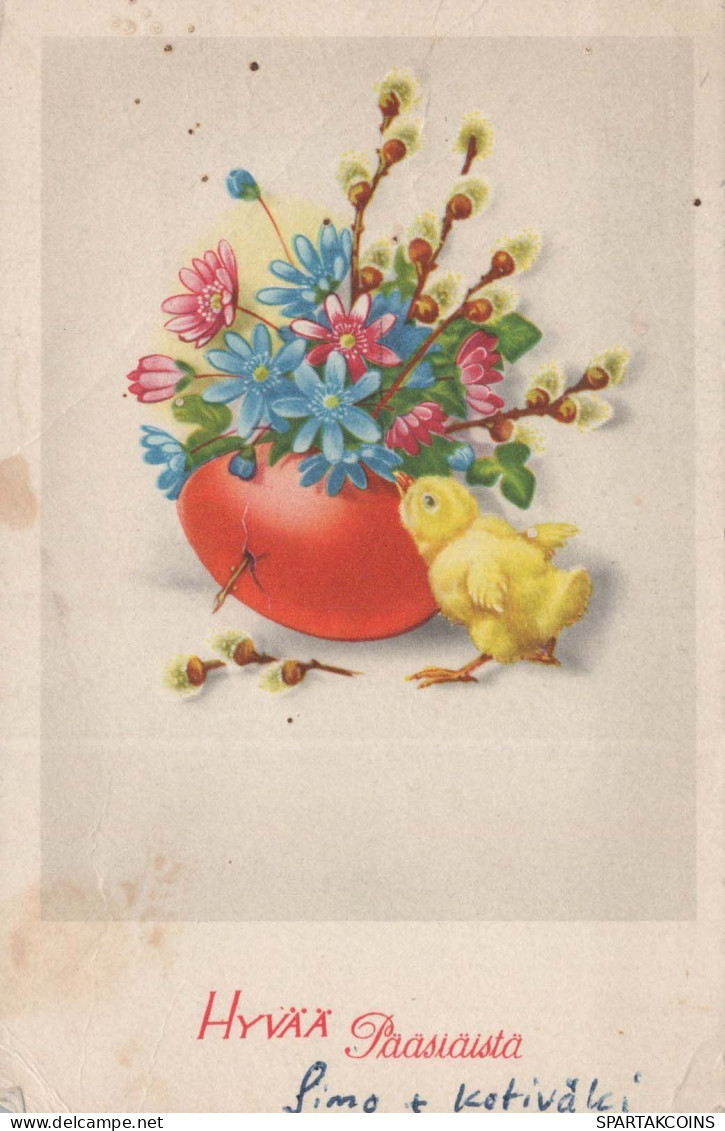 PÂQUES FLEURS POULET ŒUF Vintage Carte Postale CPA #PKE459.FR - Pâques