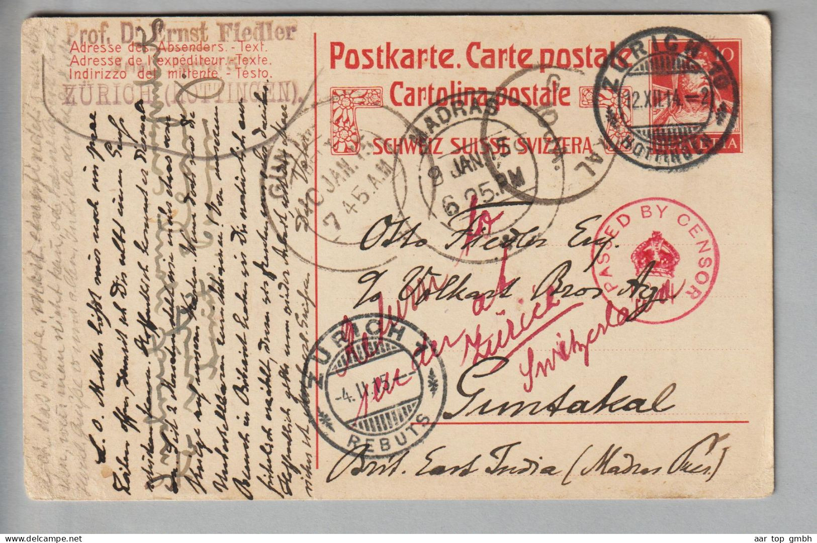 CH Ganzsache 10Rp. Tellbrust 1914-12-12 Zürich10 Nach Guntakal Indien Retourniert Mit Ank.-O Zürich1 Rebuts - Stamped Stationery