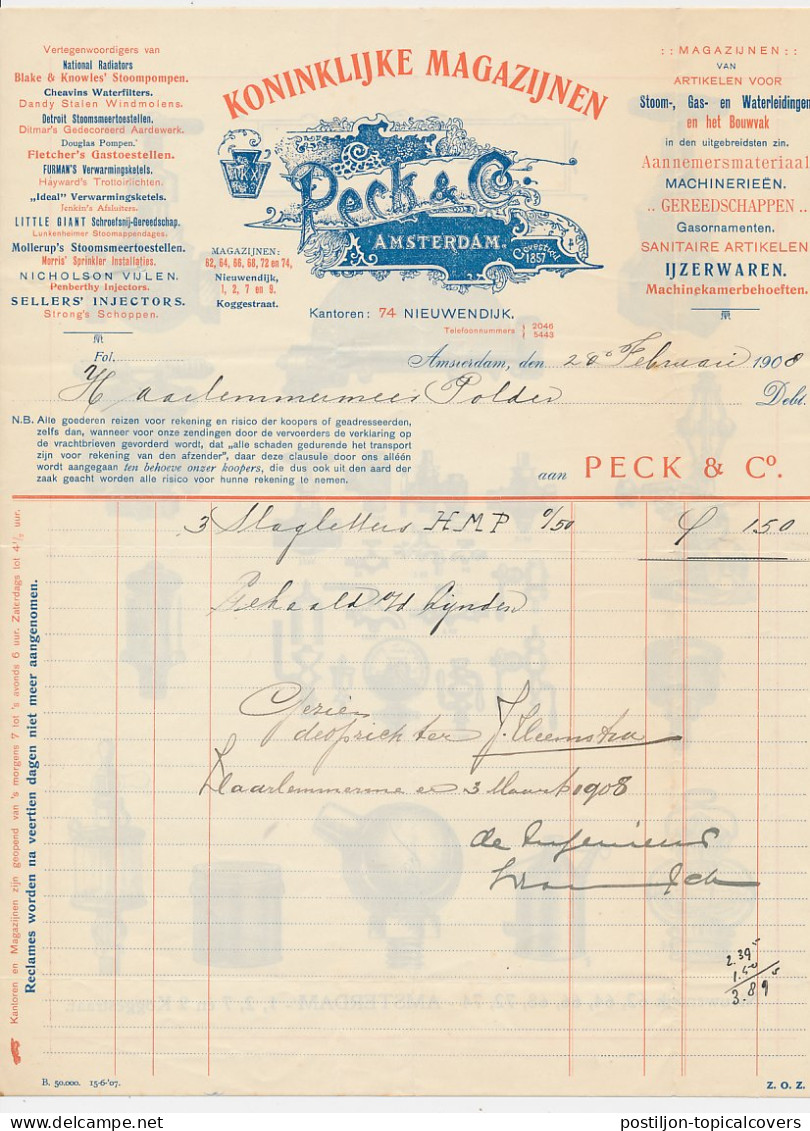 Nota Amsterdam 1908 - Peck & Co. Metaalwaren - Kleppen Etc. - Netherlands