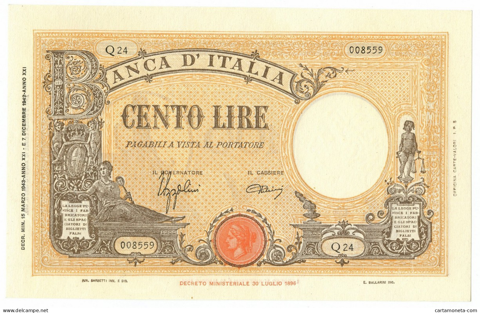 100 LIRE BARBETTI GRANDE B GIALLO TESTINA FASCIO 15/03/1943 QFDS - Regno D'Italia - Altri