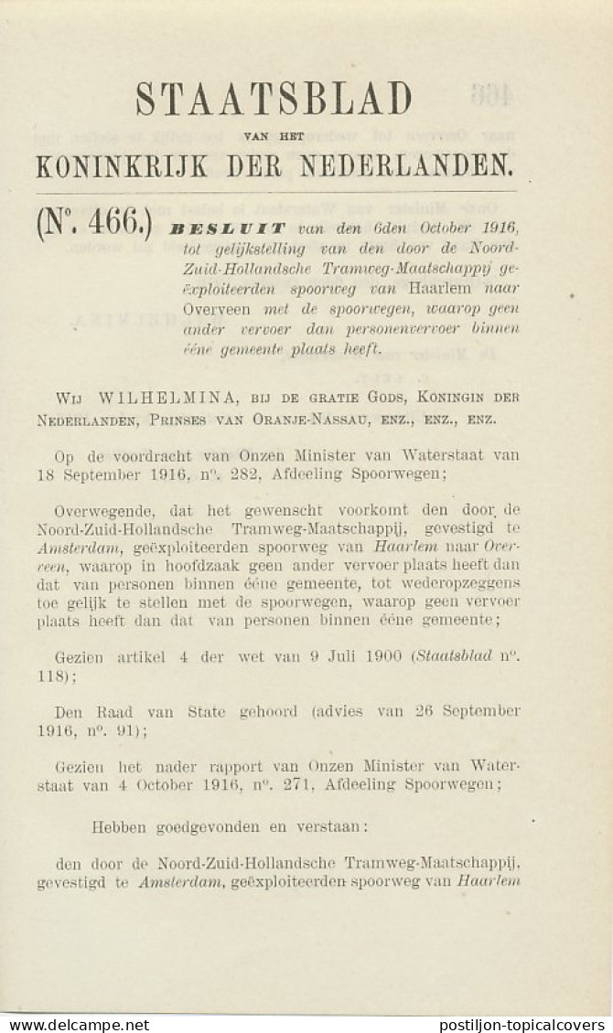 Staatsblad 1916 : Spoorlijn Haarlem - Overveen - Documents Historiques