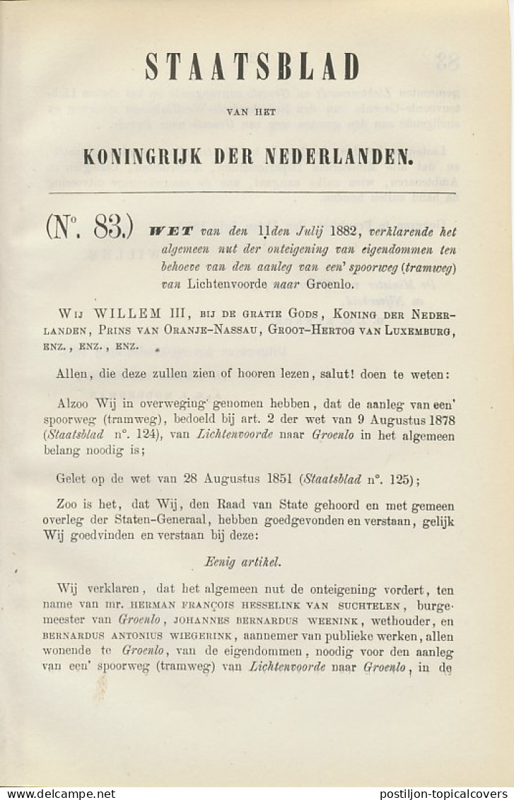 Staatsblad 1882 : Spoorlijn Lichtenvoorde - Groenlo - Documents Historiques