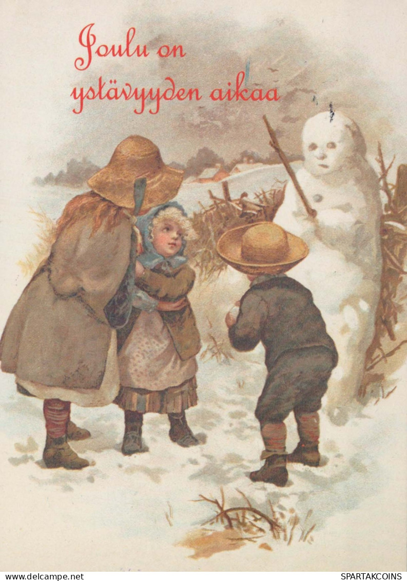 Bonne Année Noël BONHOMME DE NEIGE ENFANTS Vintage Carte Postale CPSM #PAZ694.FR - New Year