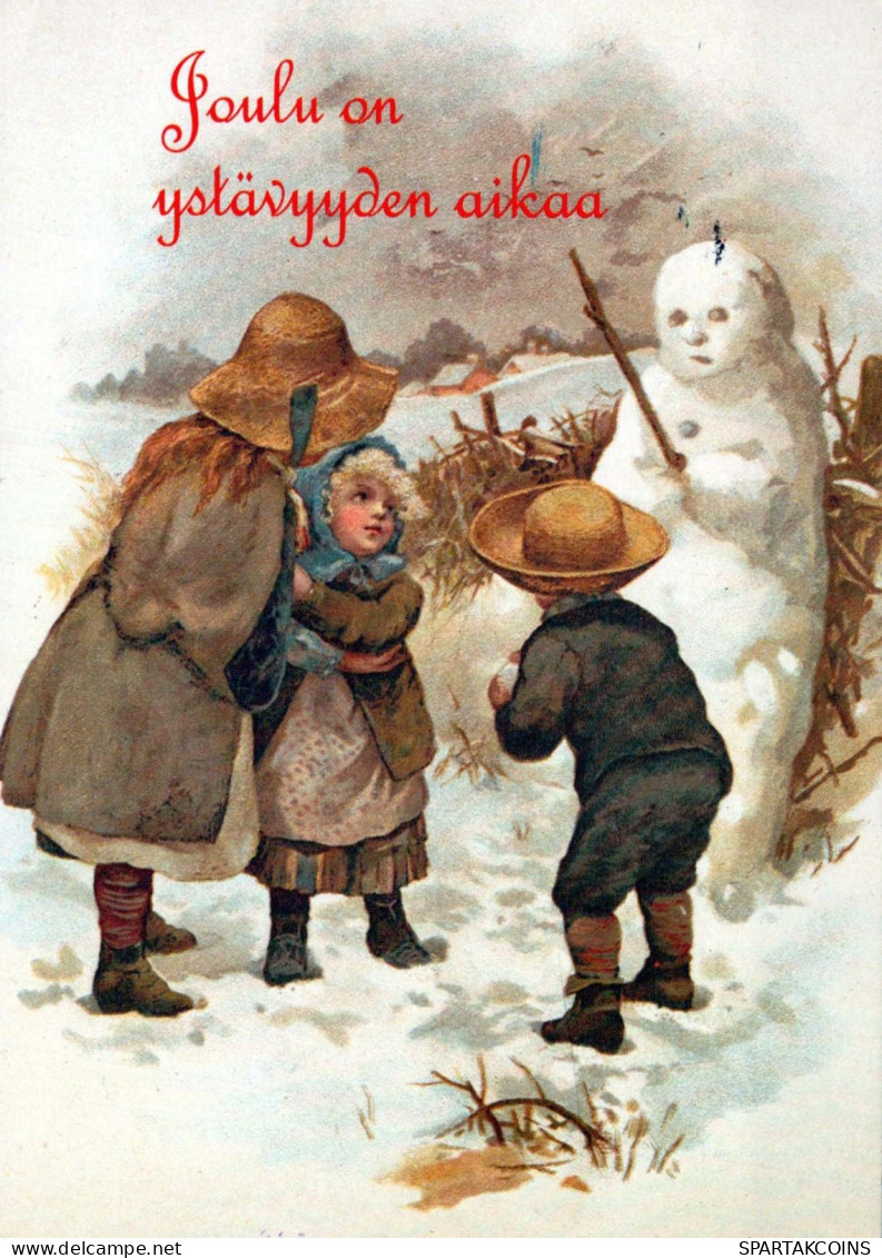 Bonne Année Noël BONHOMME DE NEIGE ENFANTS Vintage Carte Postale CPSM #PAZ694.FR - New Year