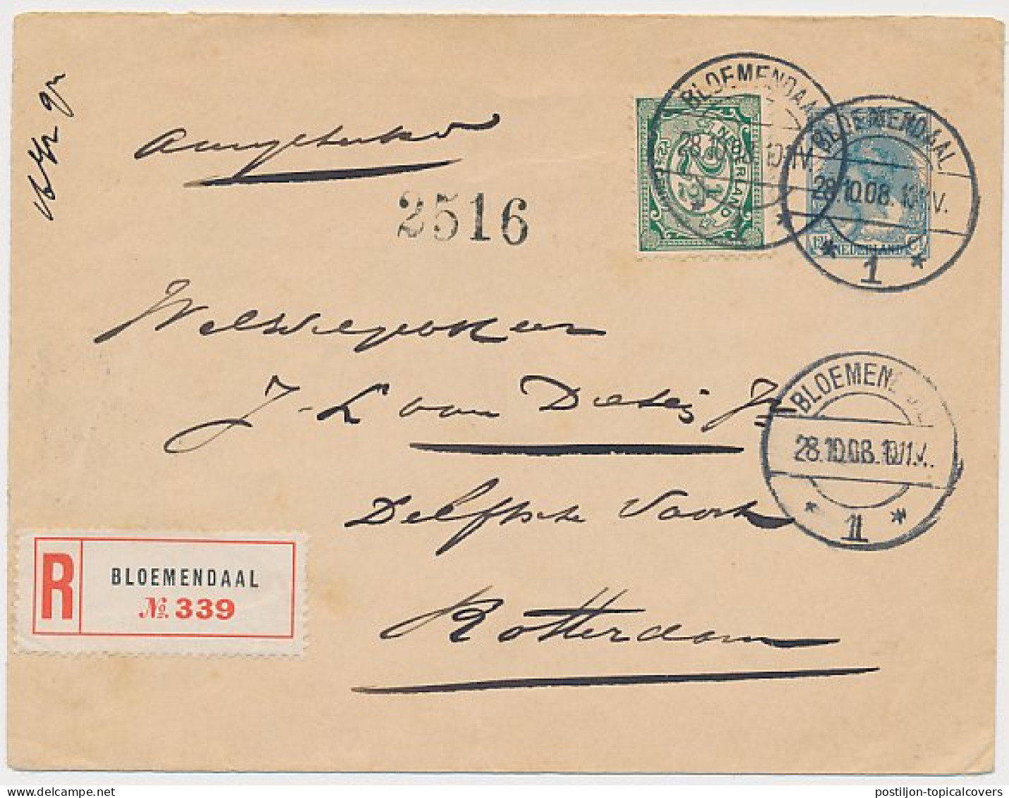 Envelop G. 9 / Bijfrankering Aangetekend Bloemendaal 1908 - Postal Stationery