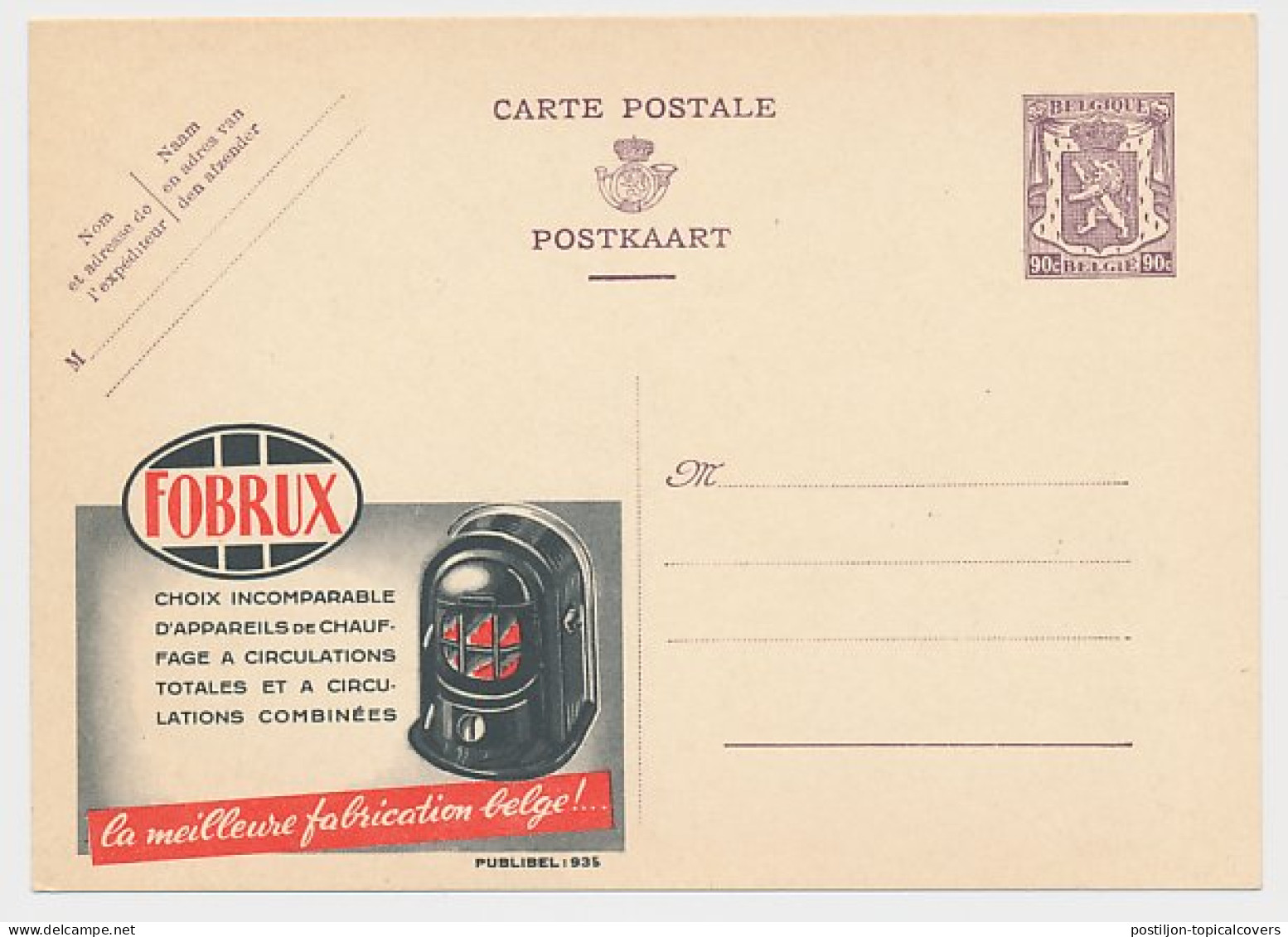 Publibel - Postal Stationery Belgium 1948 Heater - Fobrux - Unclassified
