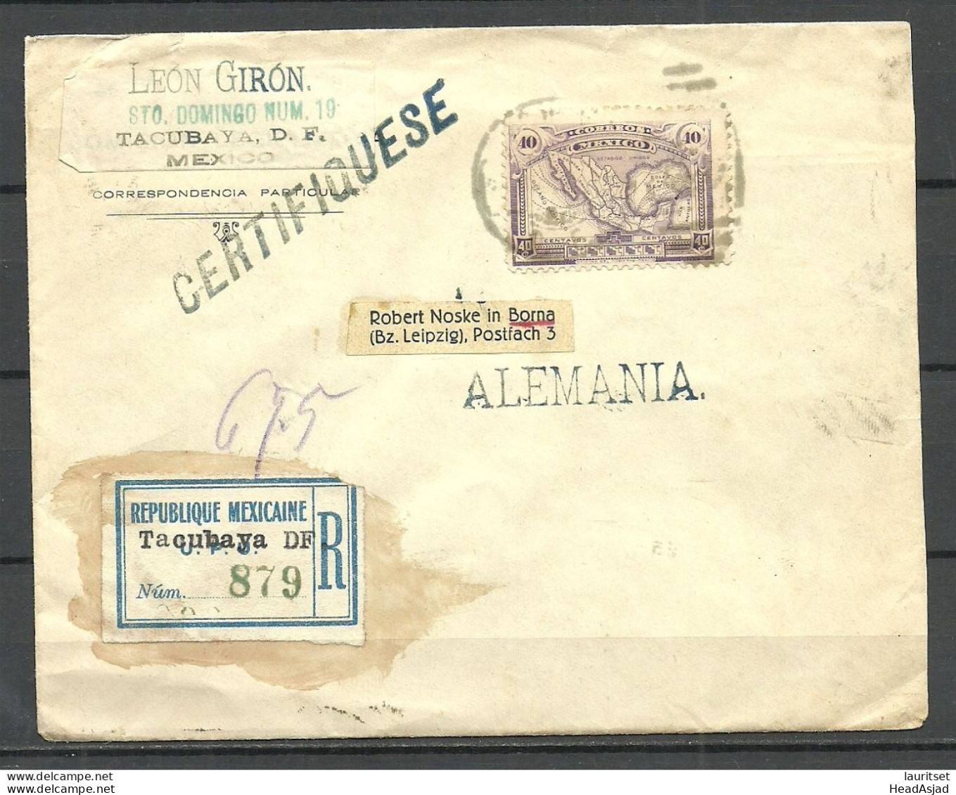 MEXICO 1922 Registered Cover To Germany Deutschland Borna Certification - Mexique