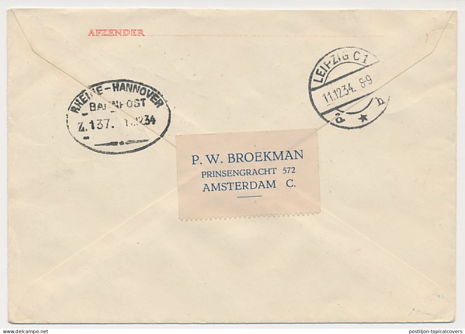 Envelop G. 24 / Bijfr. Aangetekend Amsterdam - Duitsland 1934 - Postal Stationery