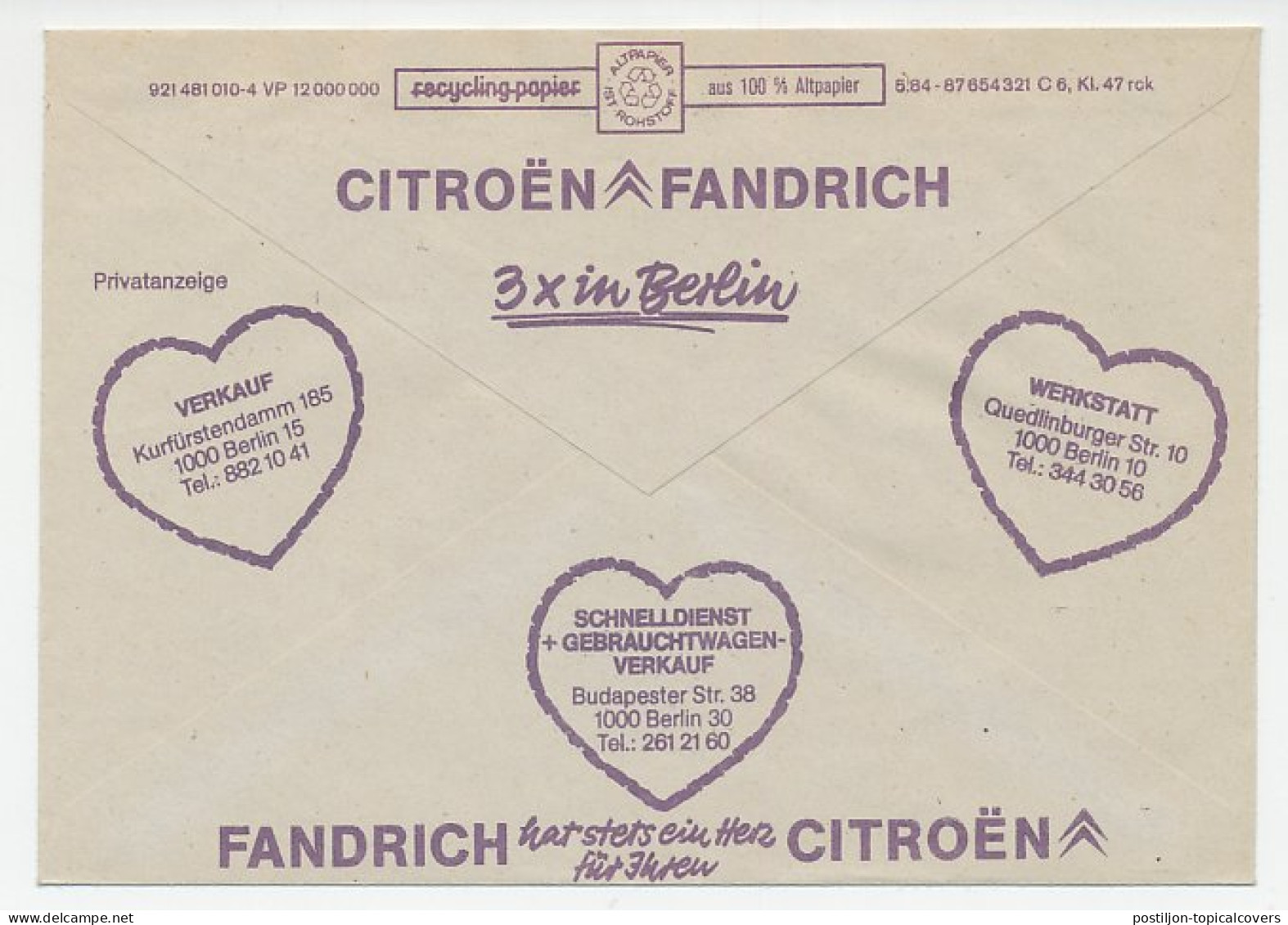 Postal Cheque Cover Germany Car - Citroën - Cars