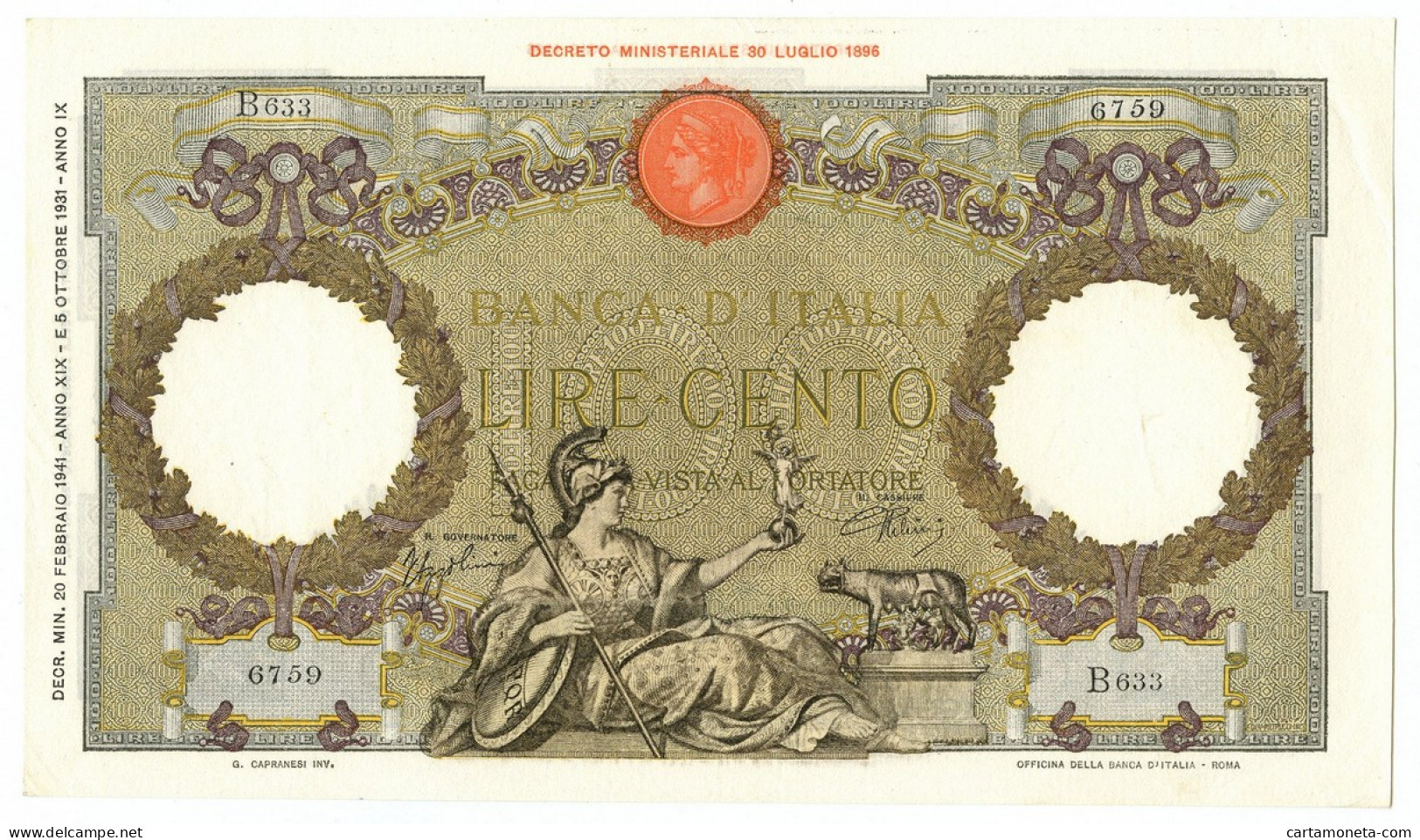 100 LIRE CAPRANESI AQUILA ROMANA TESTINA FASCIO ROMA 20/02/1941 SPL/SPL+ - Regno D'Italia – Other