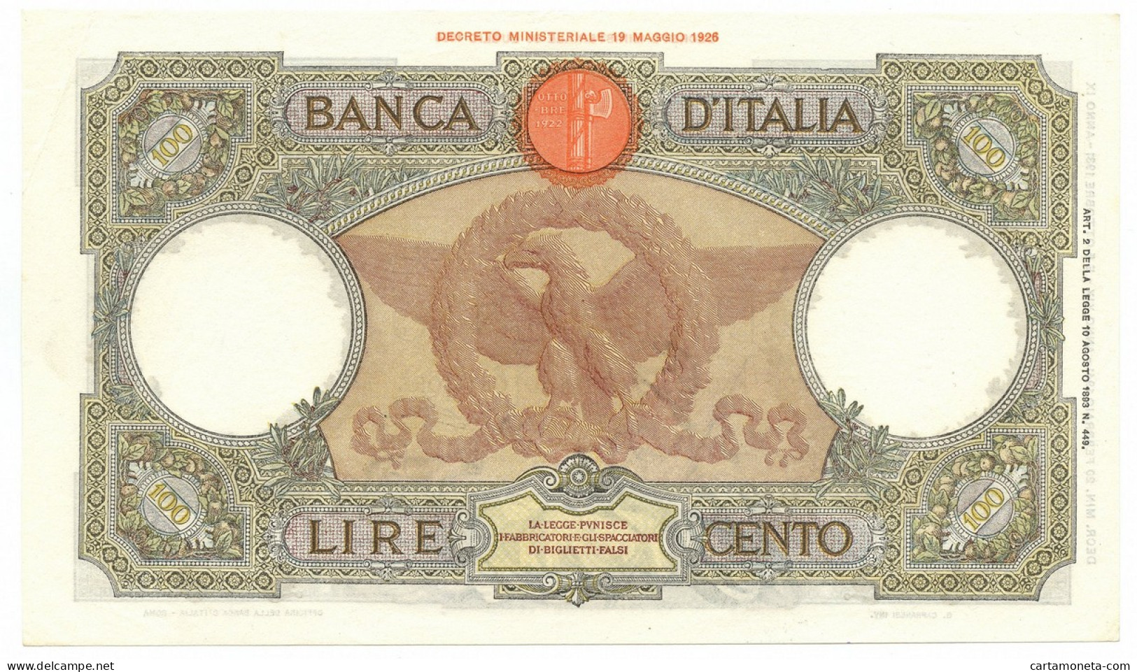 100 LIRE CAPRANESI AQUILA ROMANA TESTINA FASCIO ROMA 20/02/1941 SPL/SPL+ - Regno D'Italia – Other