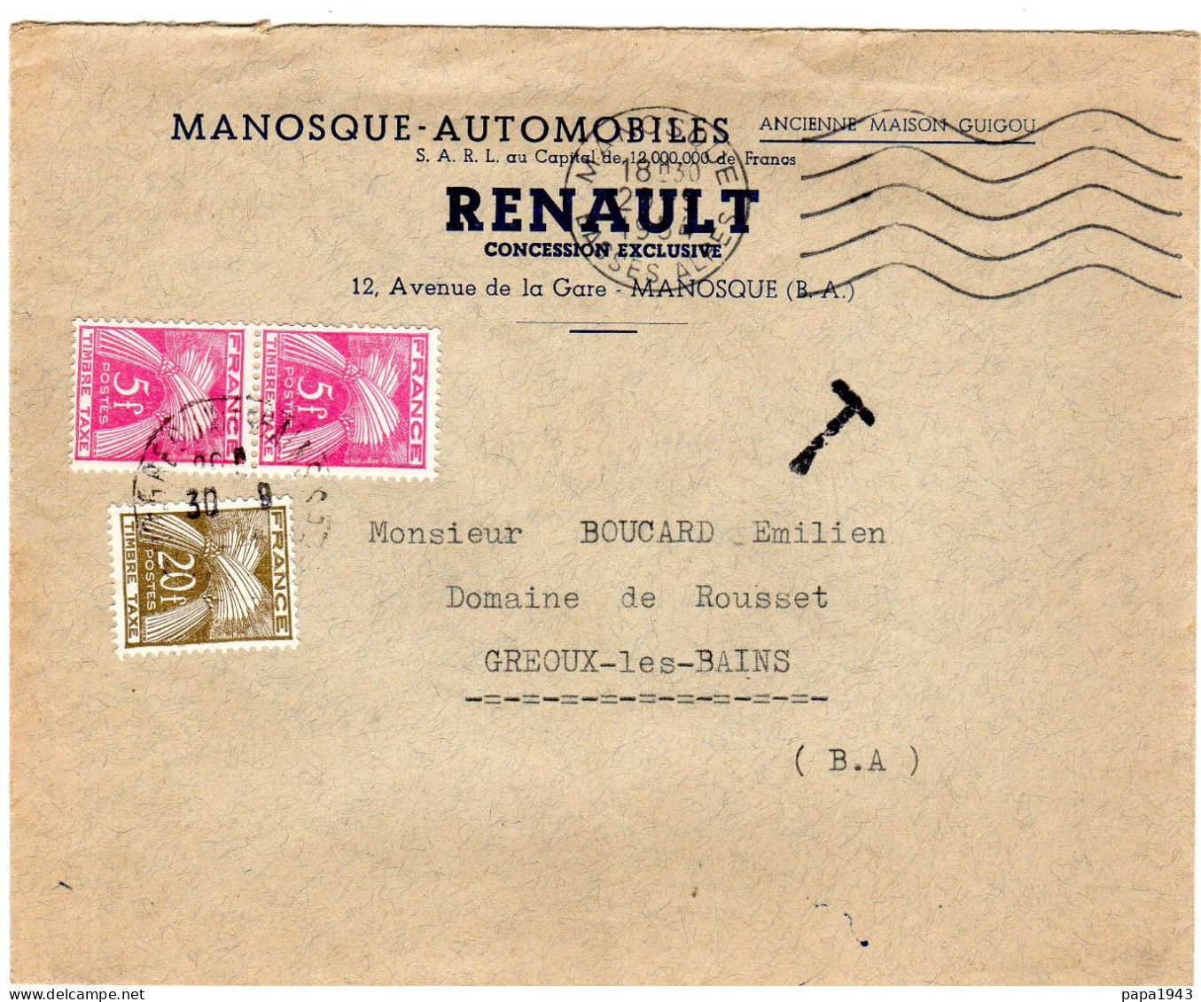 1954  " MANOSQUE AUTOMOBILE  RENAULT "  Taxée Paire De Gerbes 5f + 20f - Brieven En Documenten