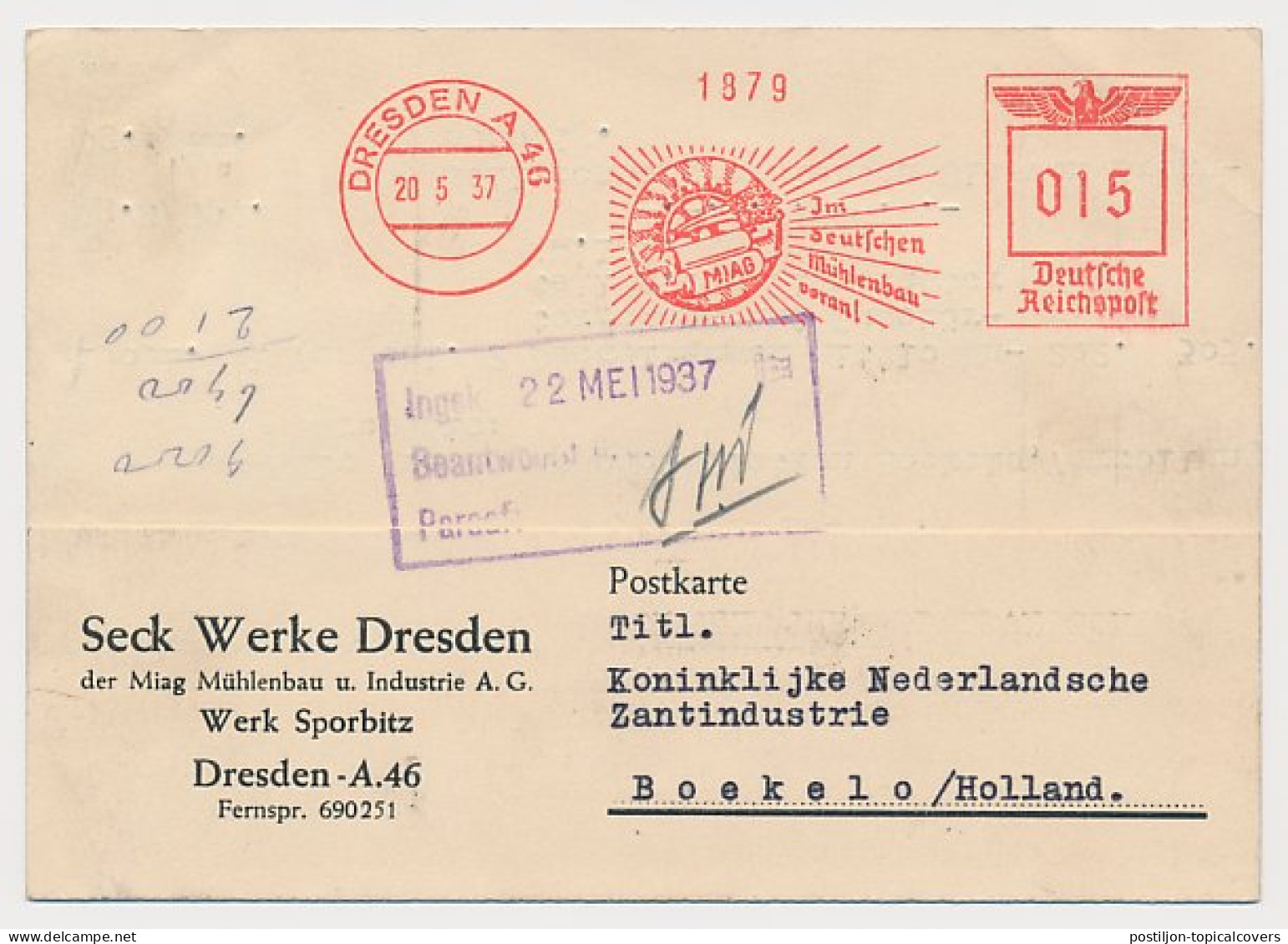 Meter Card Deutsche Reichspost / Germany 1937 MIAG - Mills Construction - Millstone - Mühlen