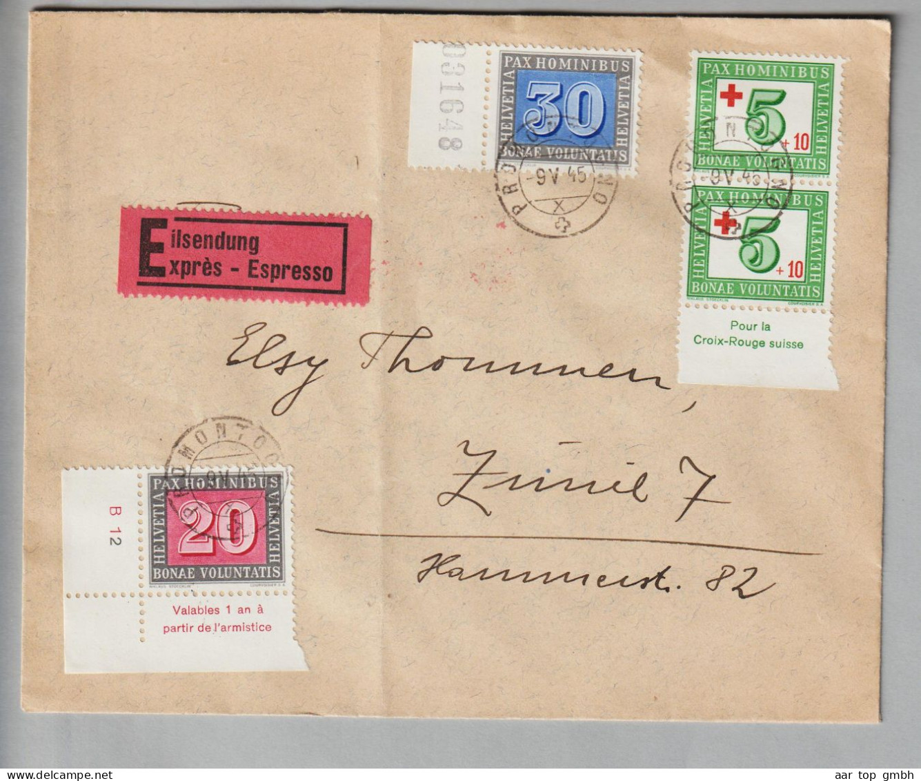 CH Heimat GR Promontogno 1945-05-09 Expressbrief Nach Zürich Mit Paxmarkenfrankatur - Covers & Documents