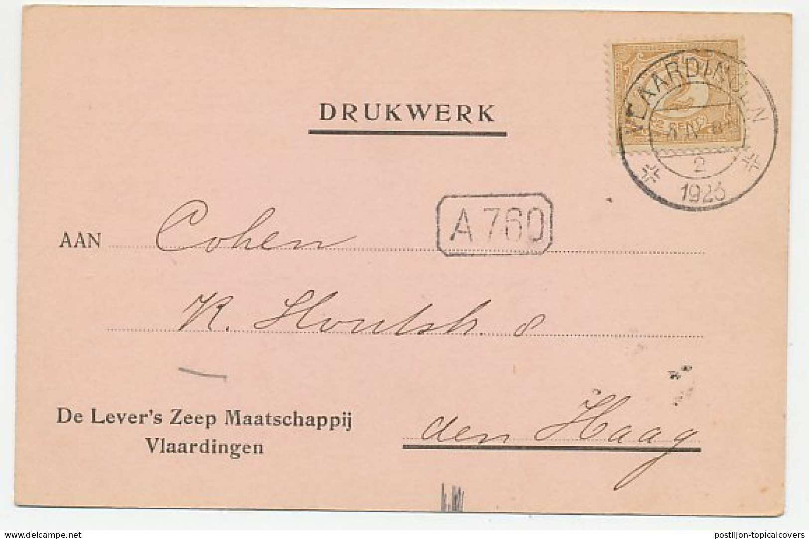 Firma Briefkaart Vlaardingen 1923 - Lever S Zeep Maatschappij - Non Classés