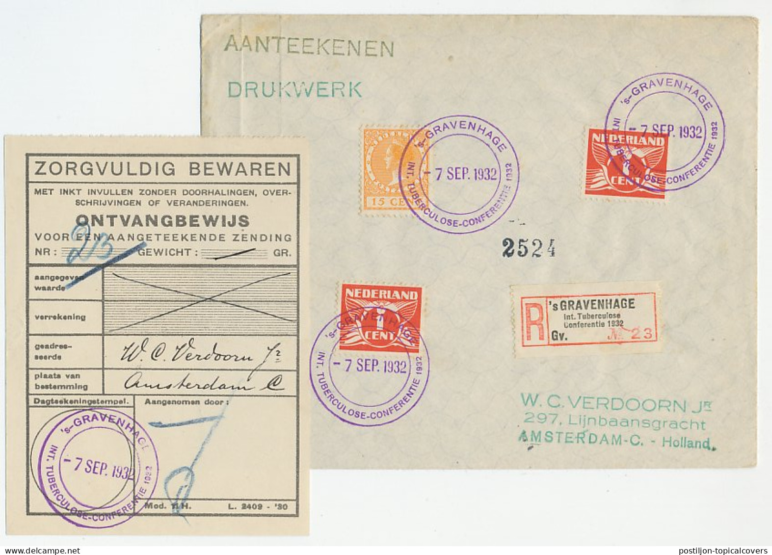 Registered Cover / Special R Label Netherlands 1932 Tuberculosis Conference - TBC - Sonstige & Ohne Zuordnung