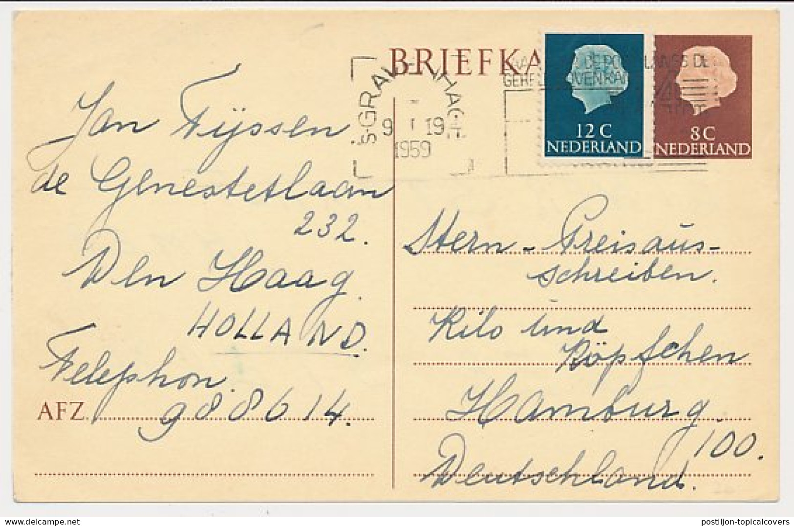 Briefkaart G. 319 / Bijfrankering Den Haag - Duitsland 1959 - Postal Stationery