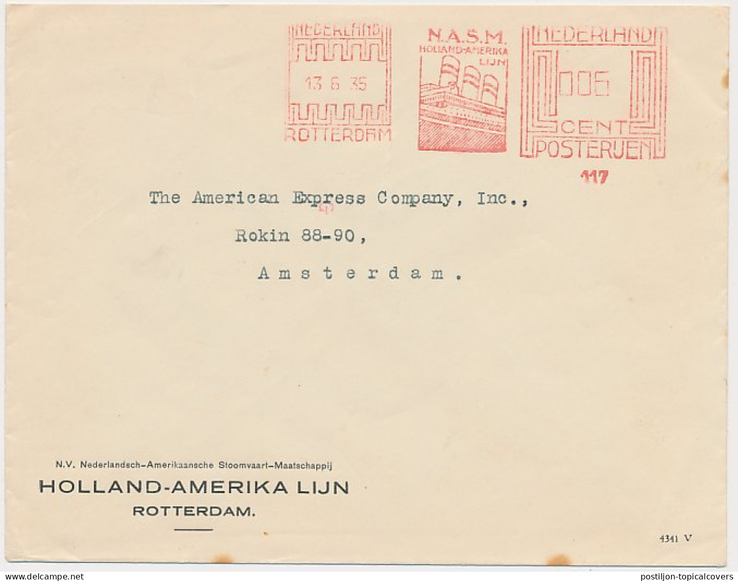Meter Cover Netherlands 1935 Holland America Line - N.A.S.M. - Ships