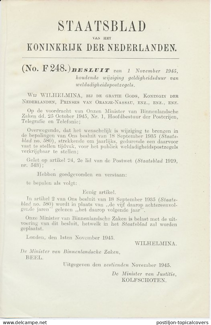 Staatsblad 1945 : Wijziging Geldigheid Weldadigheidspostzegels - Covers & Documents