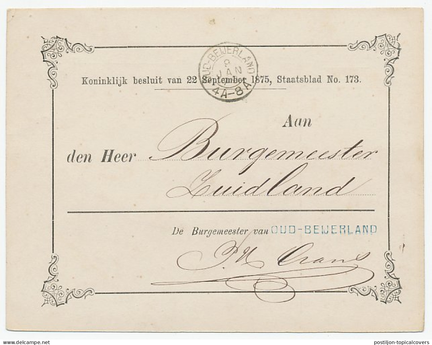 Naamstempel Oud - Beijerland 1879 - Brieven En Documenten